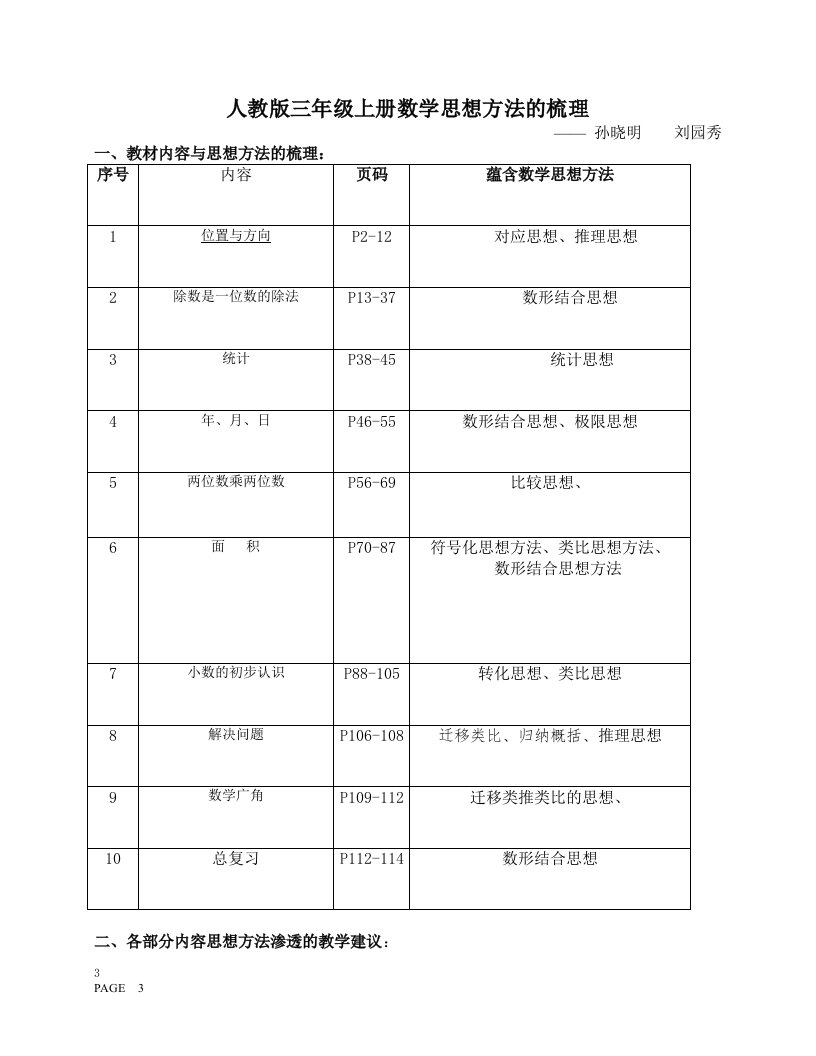 人教版三年级下册数学思想方法的梳理