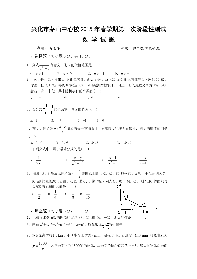 【小学中学教育精选】兴化市茅山中心校2015年八年级下数学月考试卷