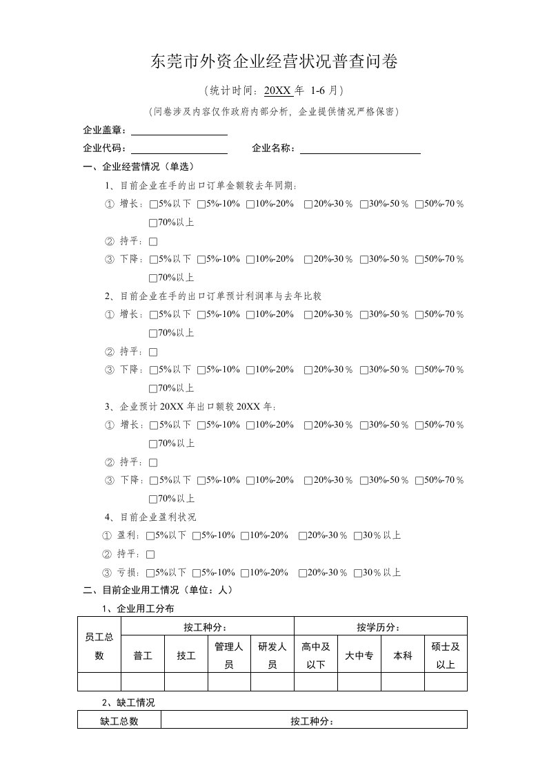 经营管理-东莞市外资企业经营状况普查问卷