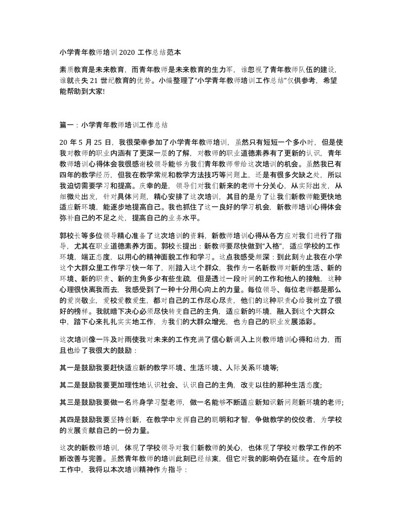 小学青年教师培训2020工作总结范本