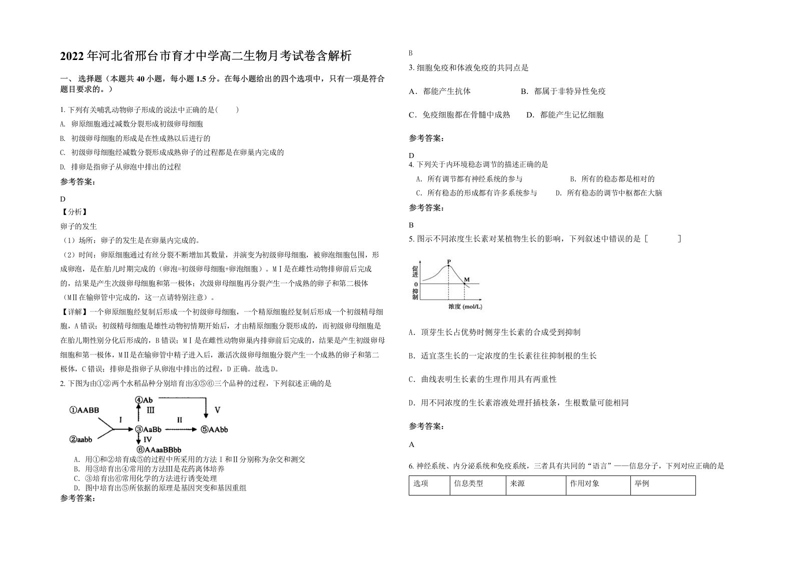 2022年河北省邢台市育才中学高二生物月考试卷含解析