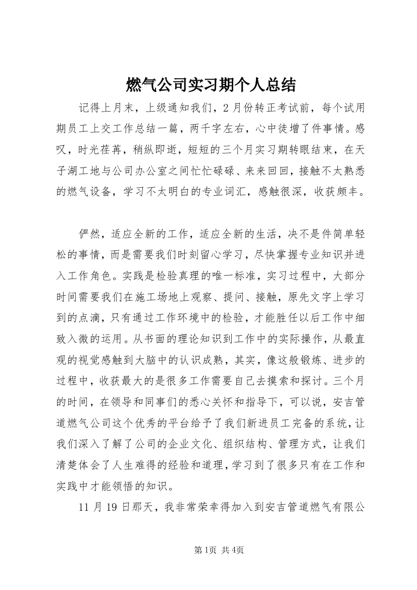 燃气公司实习期个人总结