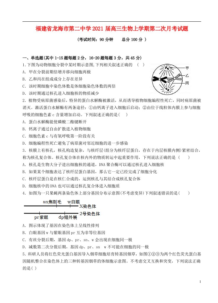 福建省龙海市第二中学2021届高三生物上学期第二次月考试题