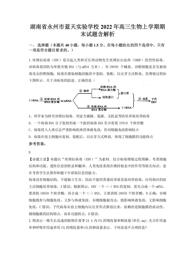 湖南省永州市蓝天实验学校2022年高三生物上学期期末试题含解析