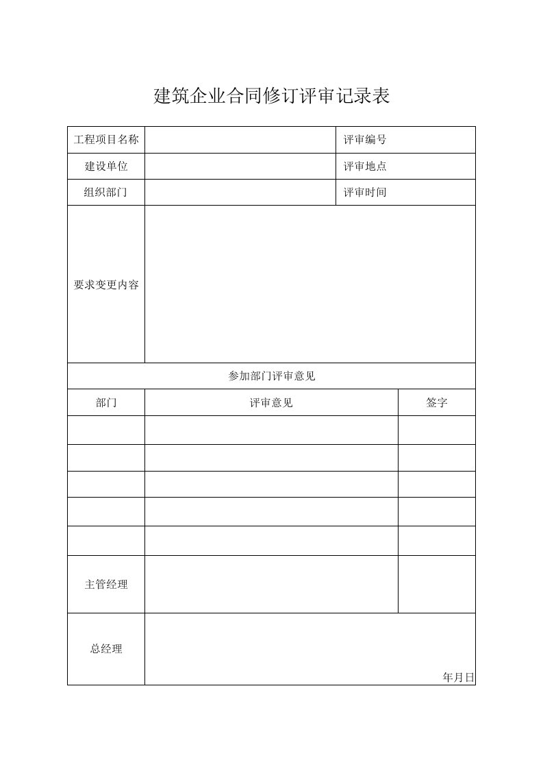 建筑企业合同修订评审记录表