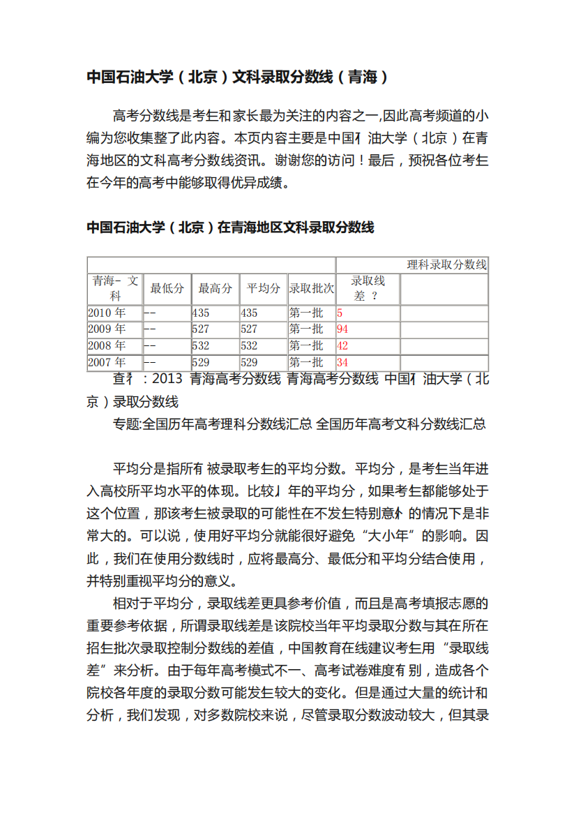 中国石油大学（北京）文科录取分数线（青海）