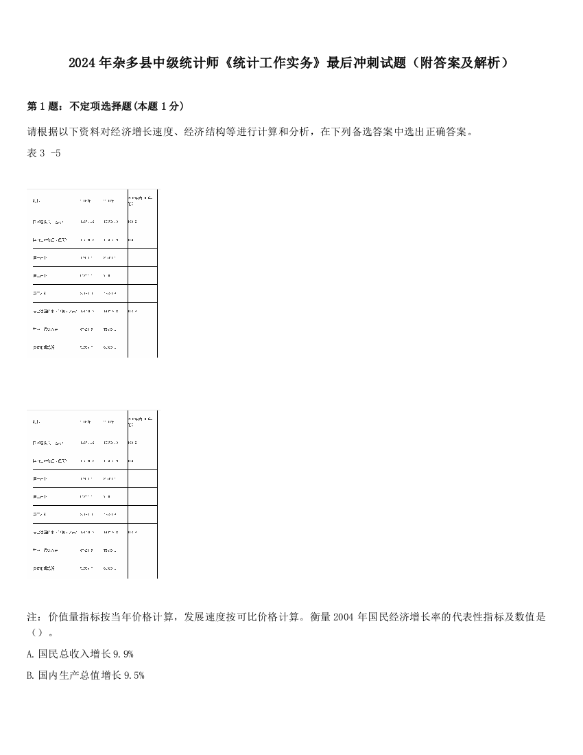 2024年杂多县中级统计师《统计工作实务》最后冲刺试题（附答案及解析）