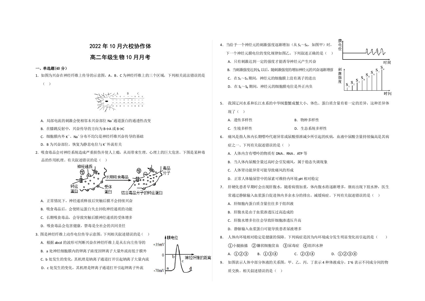 湖北省十堰市普通高中六校协作体2022-2023学年高二上学期10月月考生物试题