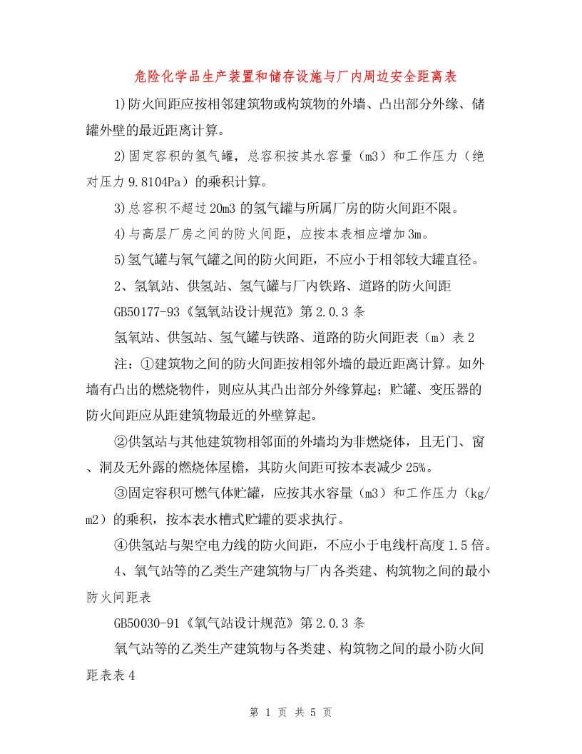 危险化学品生产装置和储存设施与厂内周边安全距离表