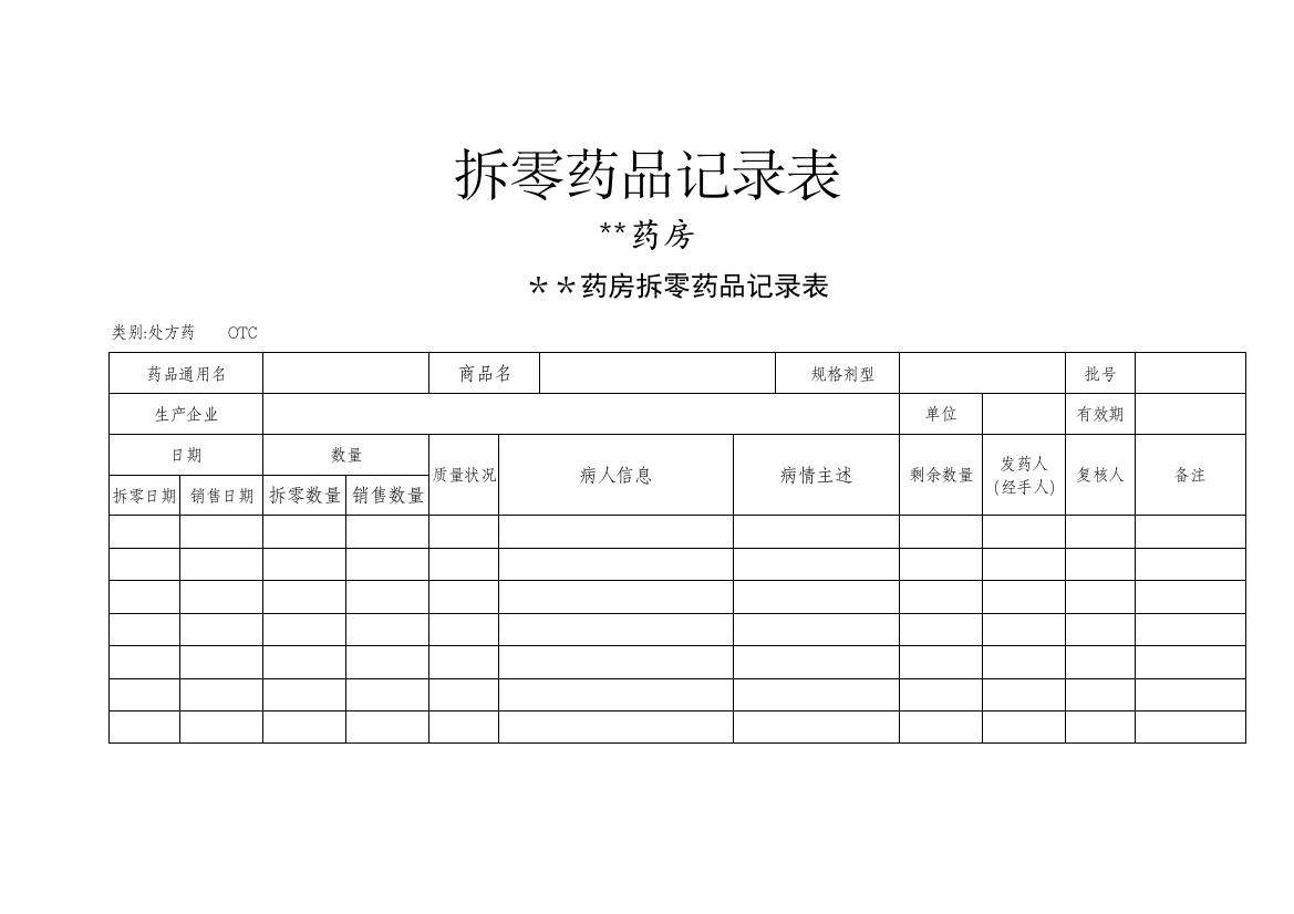 拆零药品记录表