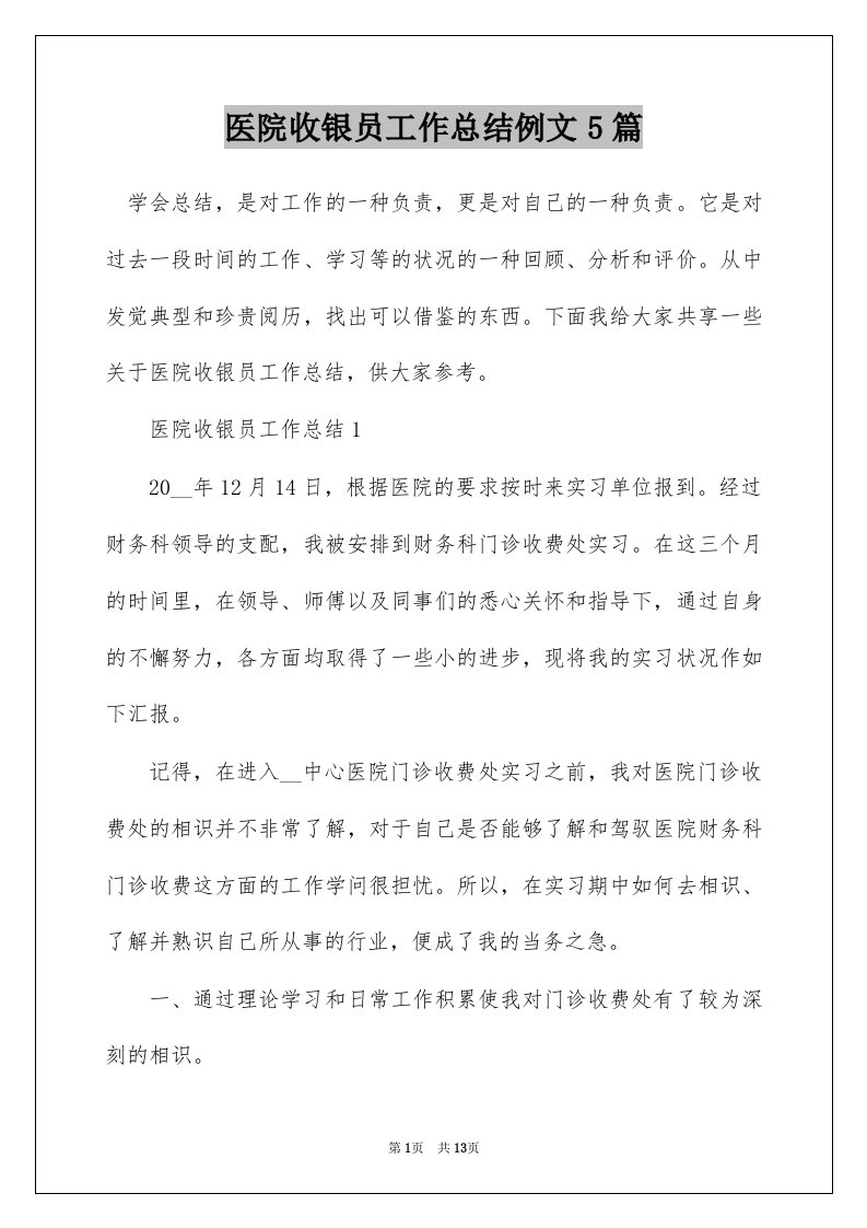 医院收银员工作总结例文5篇