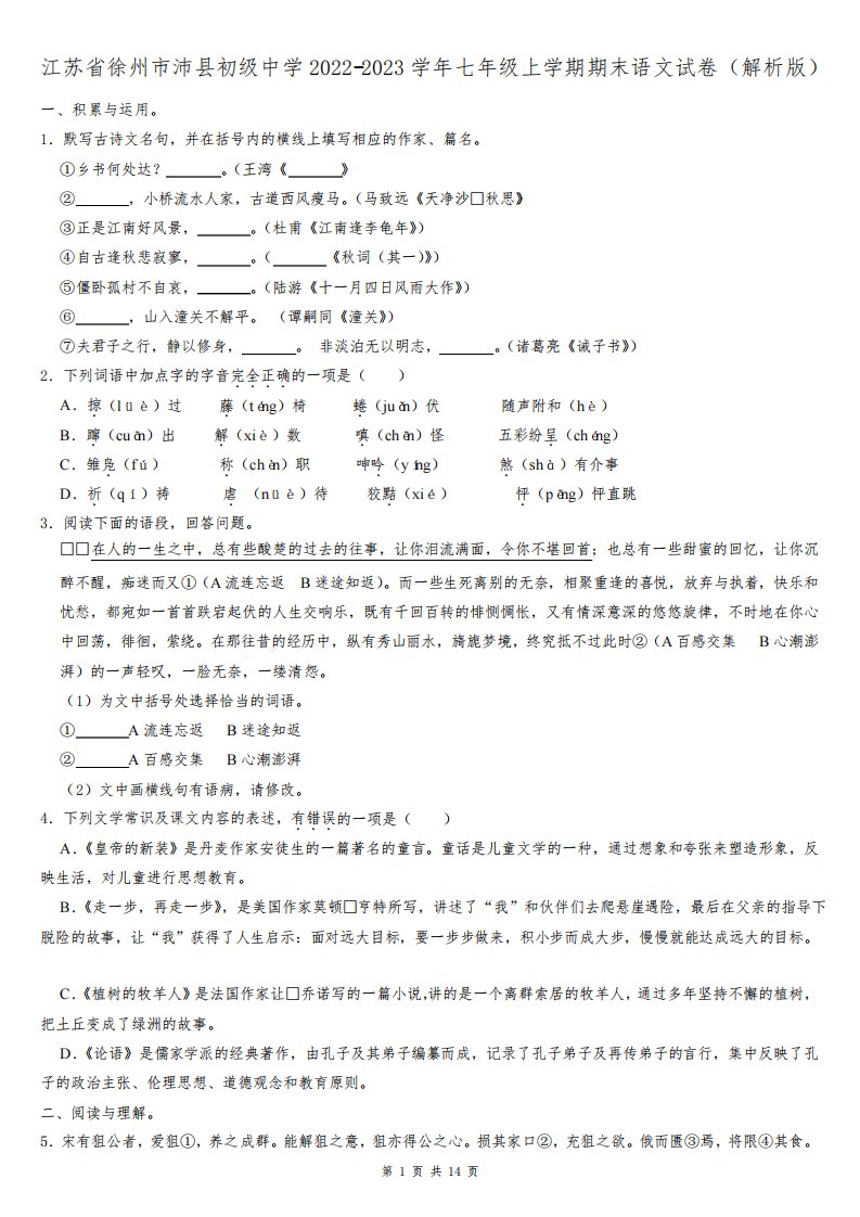 江苏省徐州市沛县初级中学2022-2023学年七年级上学期期末考试语文试卷(含答案)