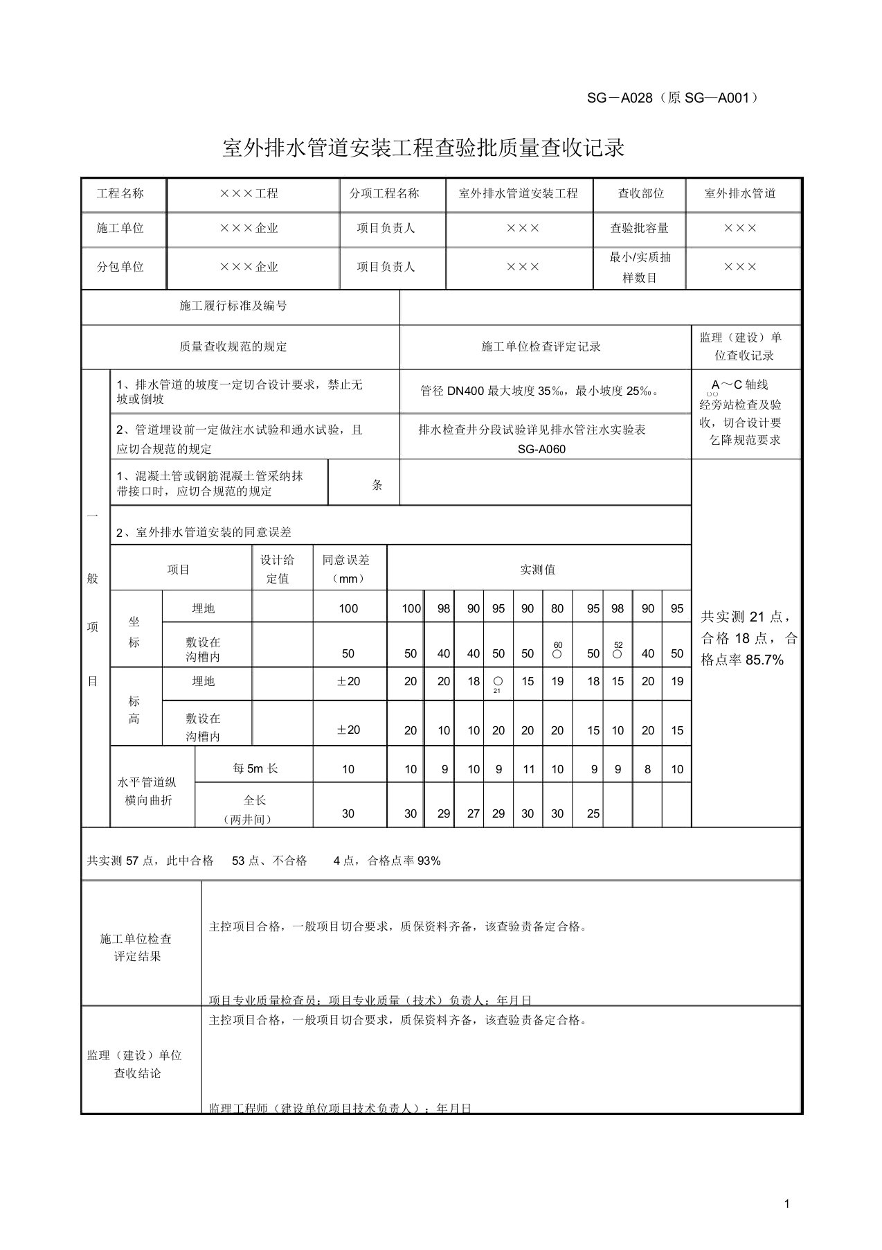 室外排水管道安装工程检验批质量验收记录