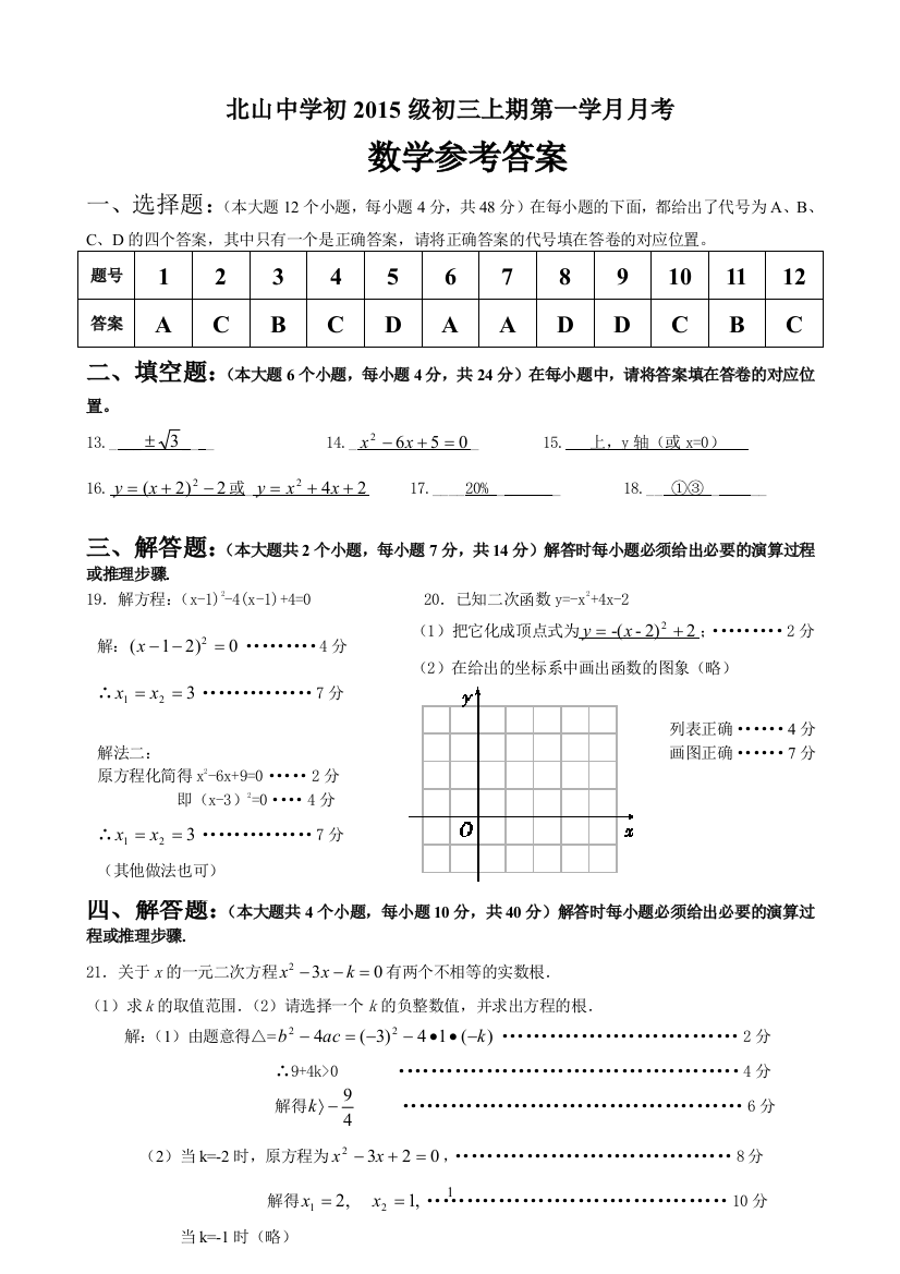 【小学中学教育精选】【小学中学教育精选】北山中学初2015级初三上期第一月月考数学参考答案