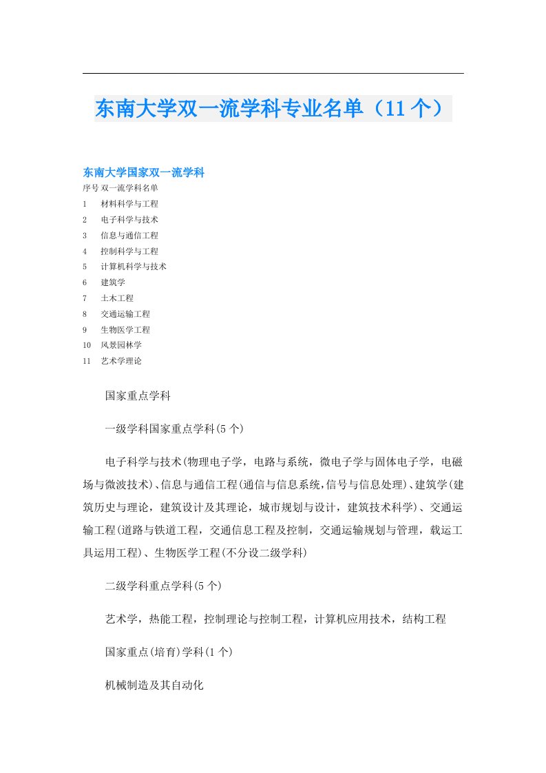 东南大学双一流学科专业名单（11个）