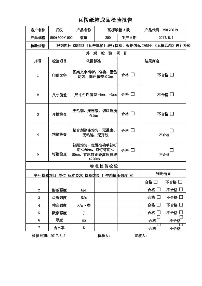 瓦楞纸箱成品检验报告