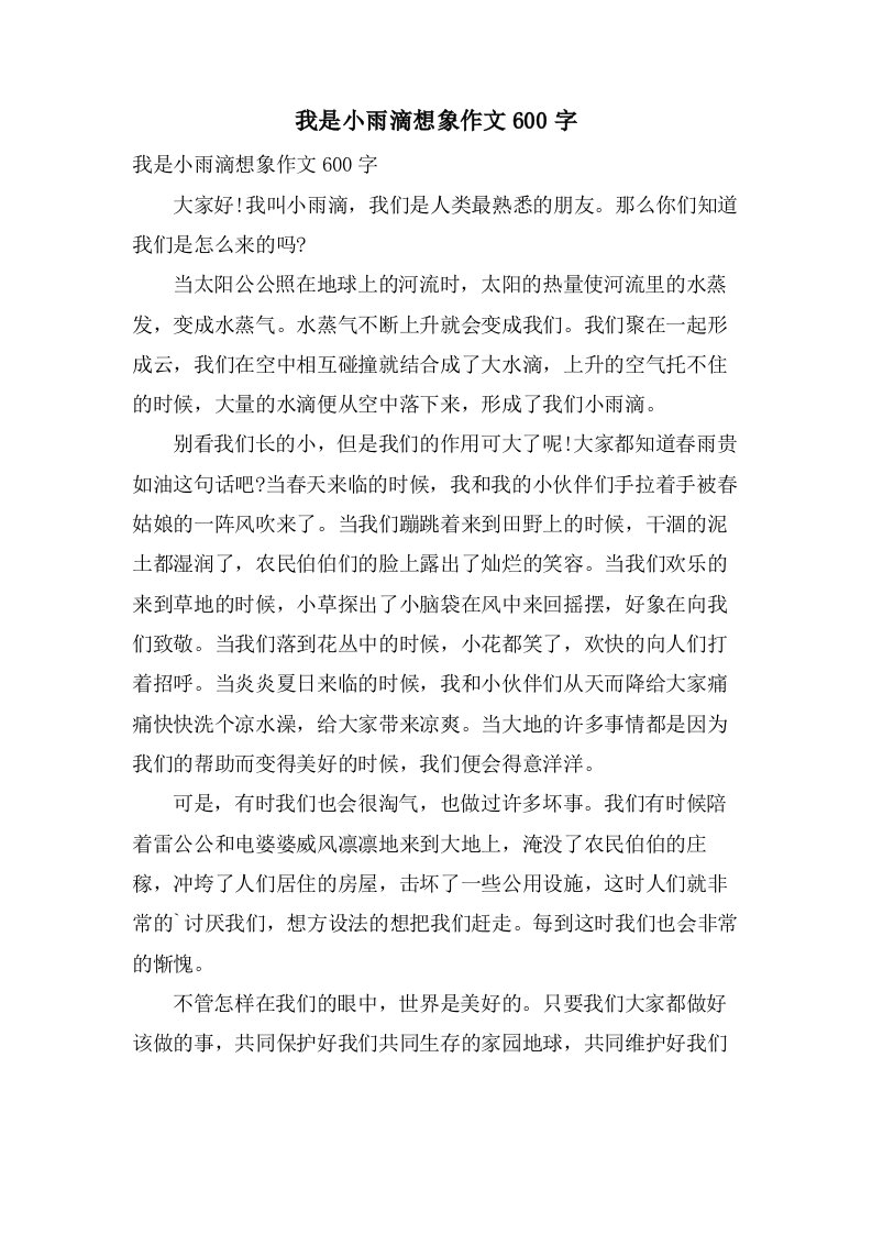 我是小雨滴想象作文600字