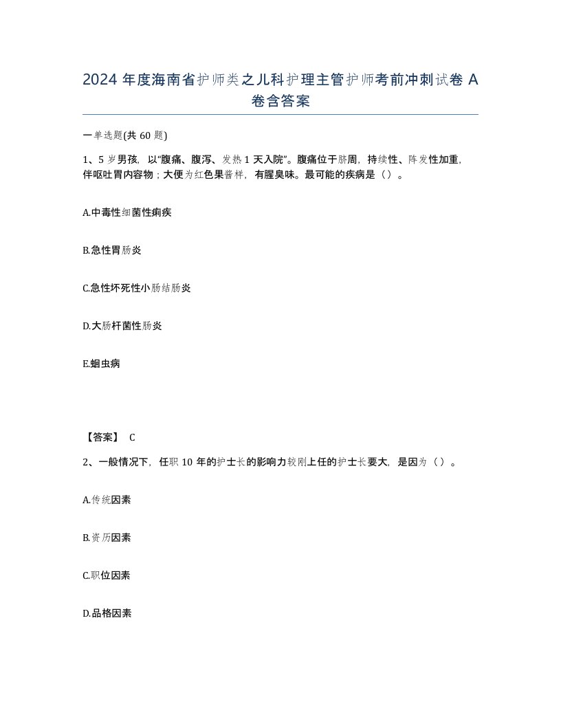 2024年度海南省护师类之儿科护理主管护师考前冲刺试卷A卷含答案