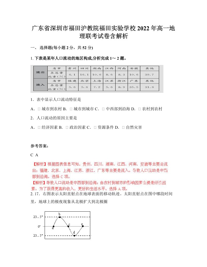 广东省深圳市福田沪教院福田实验学校2022年高一地理联考试卷含解析