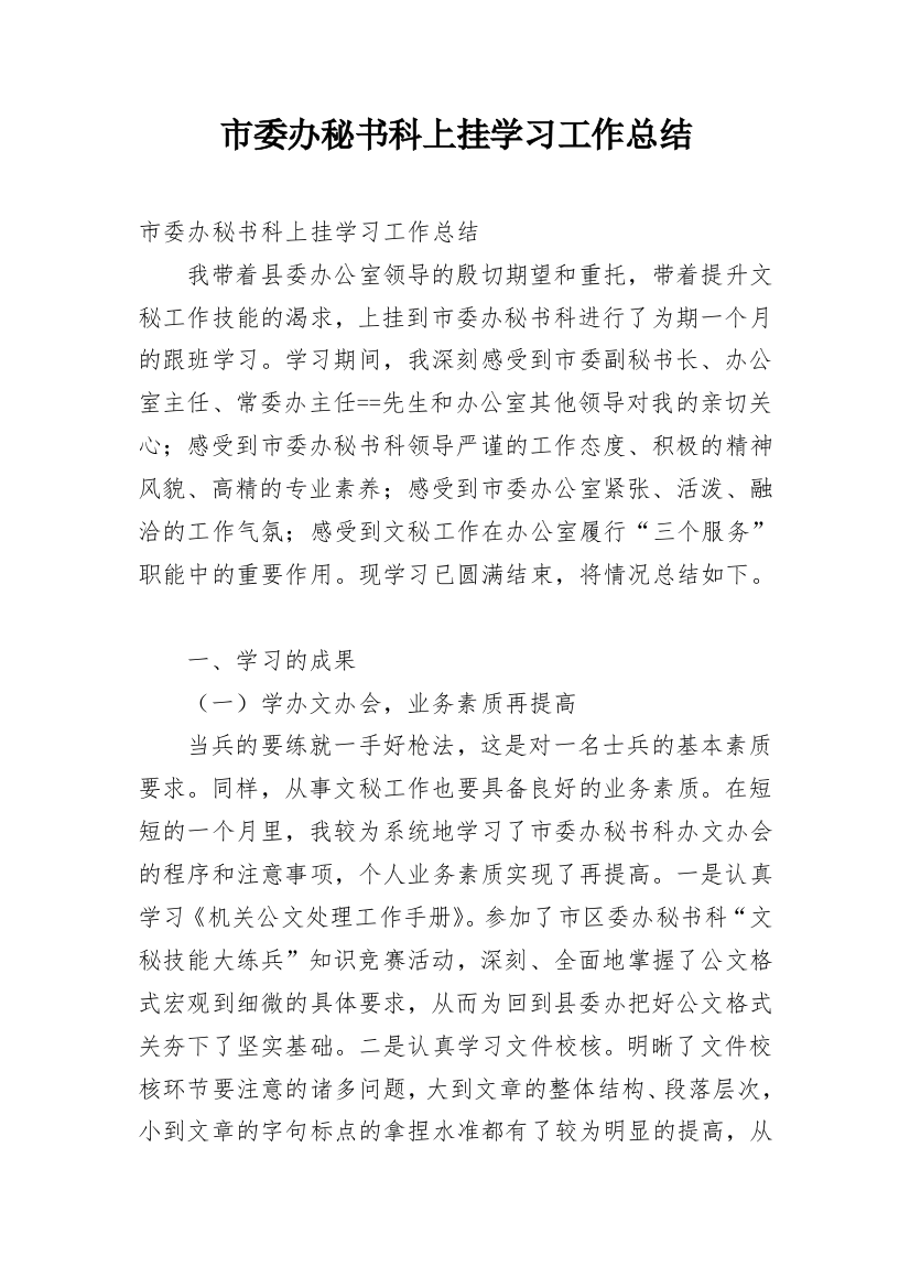 市委办秘书科上挂学习工作总结