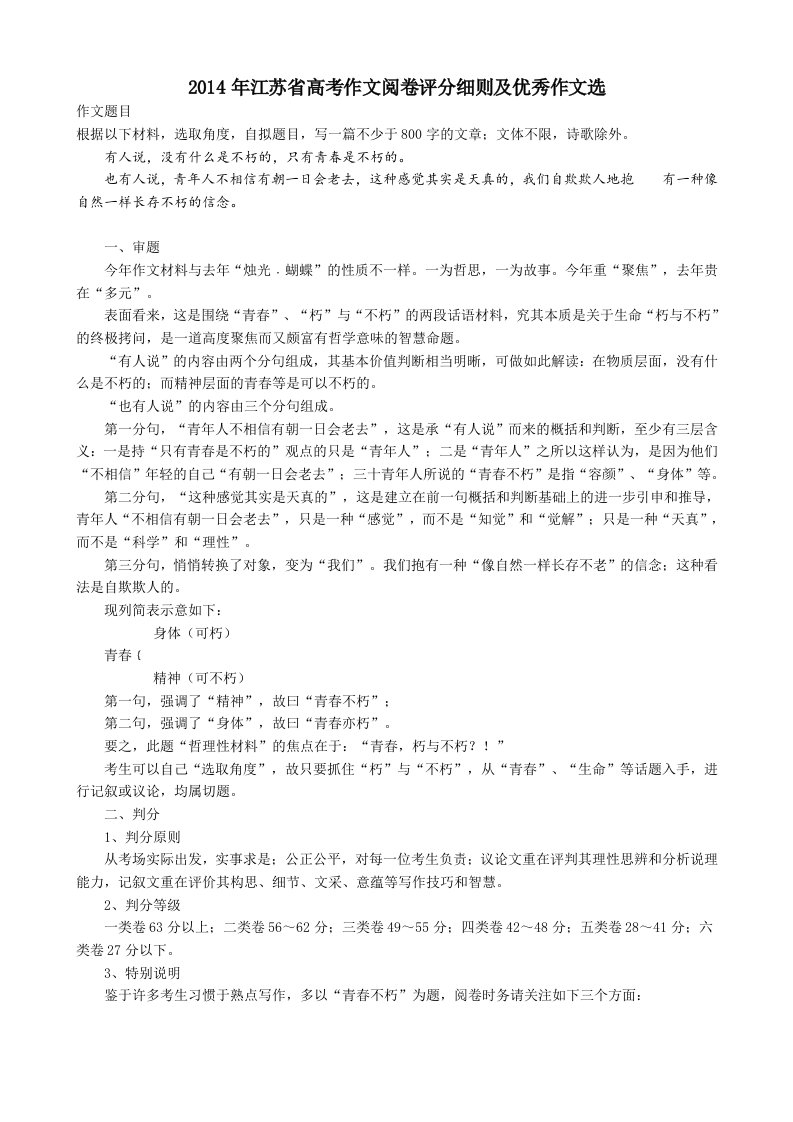 2014年江苏省高考作文阅卷评分细则及优秀作文选