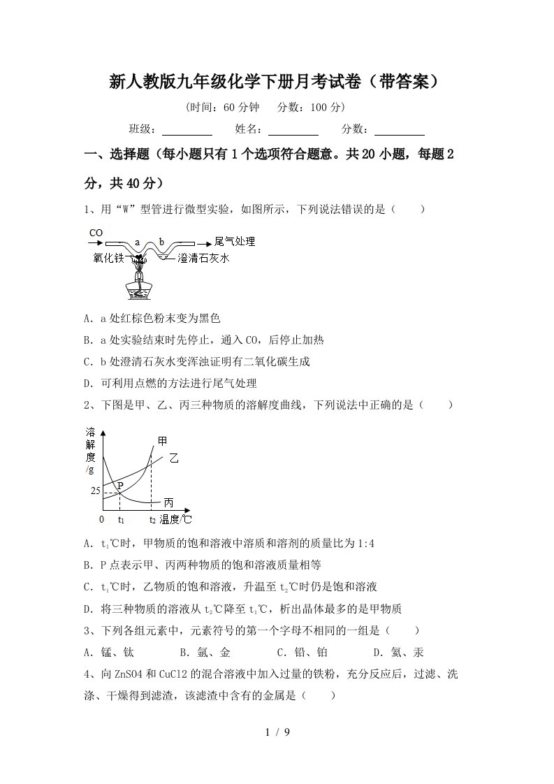 新人教版九年级化学下册月考试卷带答案