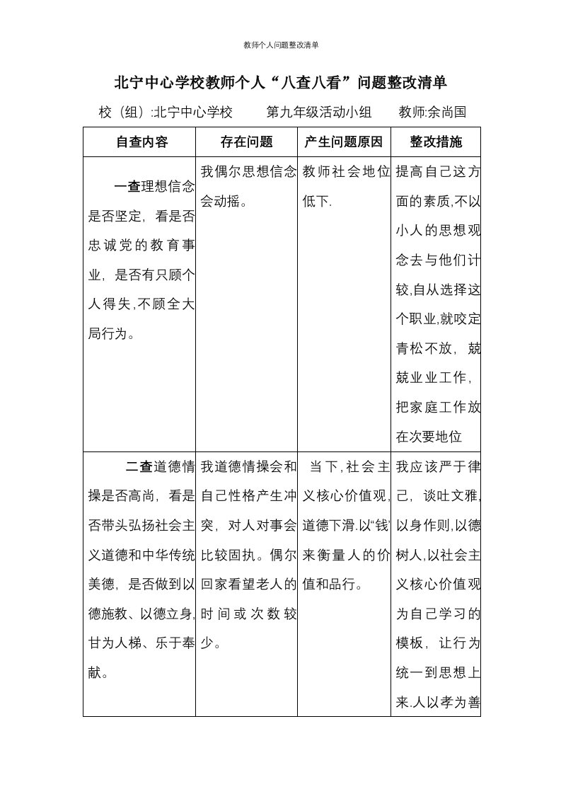 教师个人问题整改清单