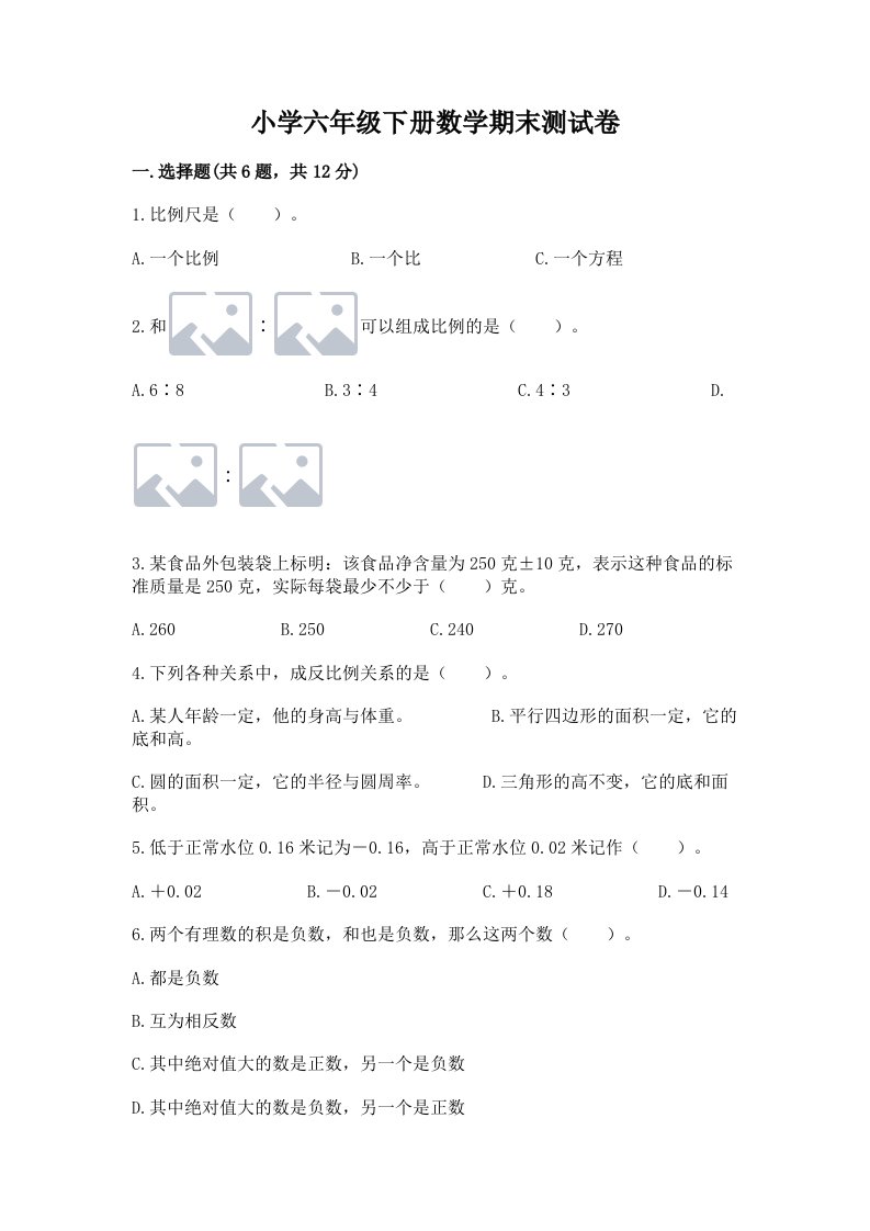 小学六年级下册数学期末测试卷附答案（巩固）