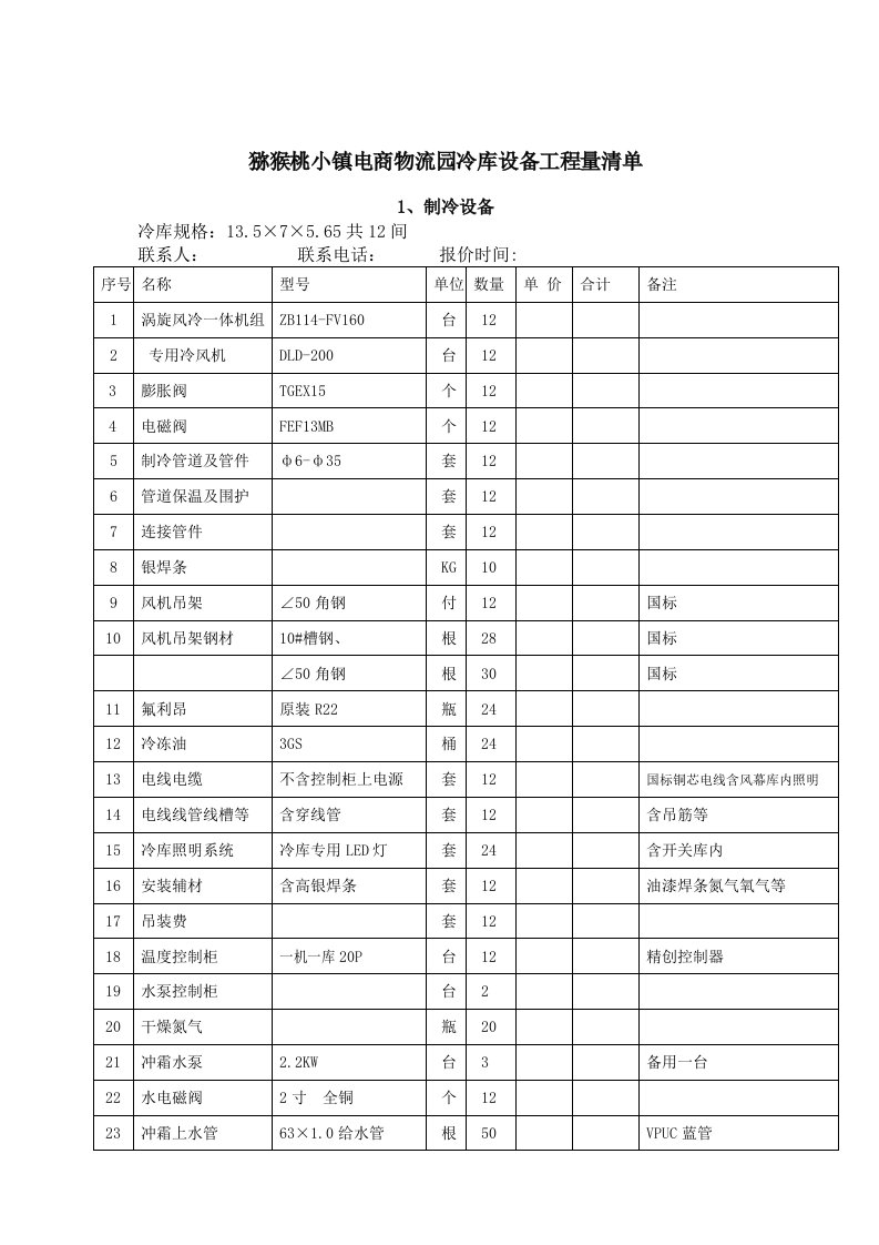 猕猴桃小镇电商物流园冷库设备工程量清单