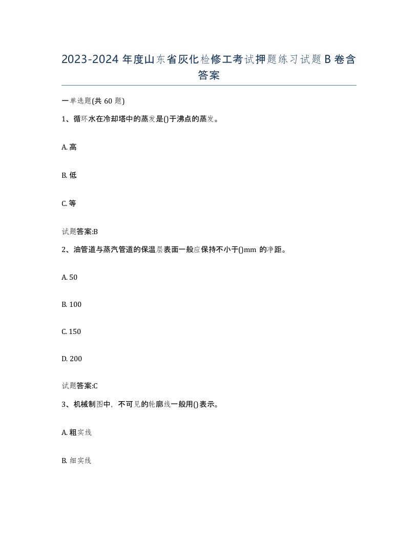 20232024年度山东省灰化检修工考试押题练习试题B卷含答案