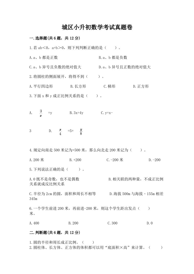 城区小升初数学考试真题卷审定版