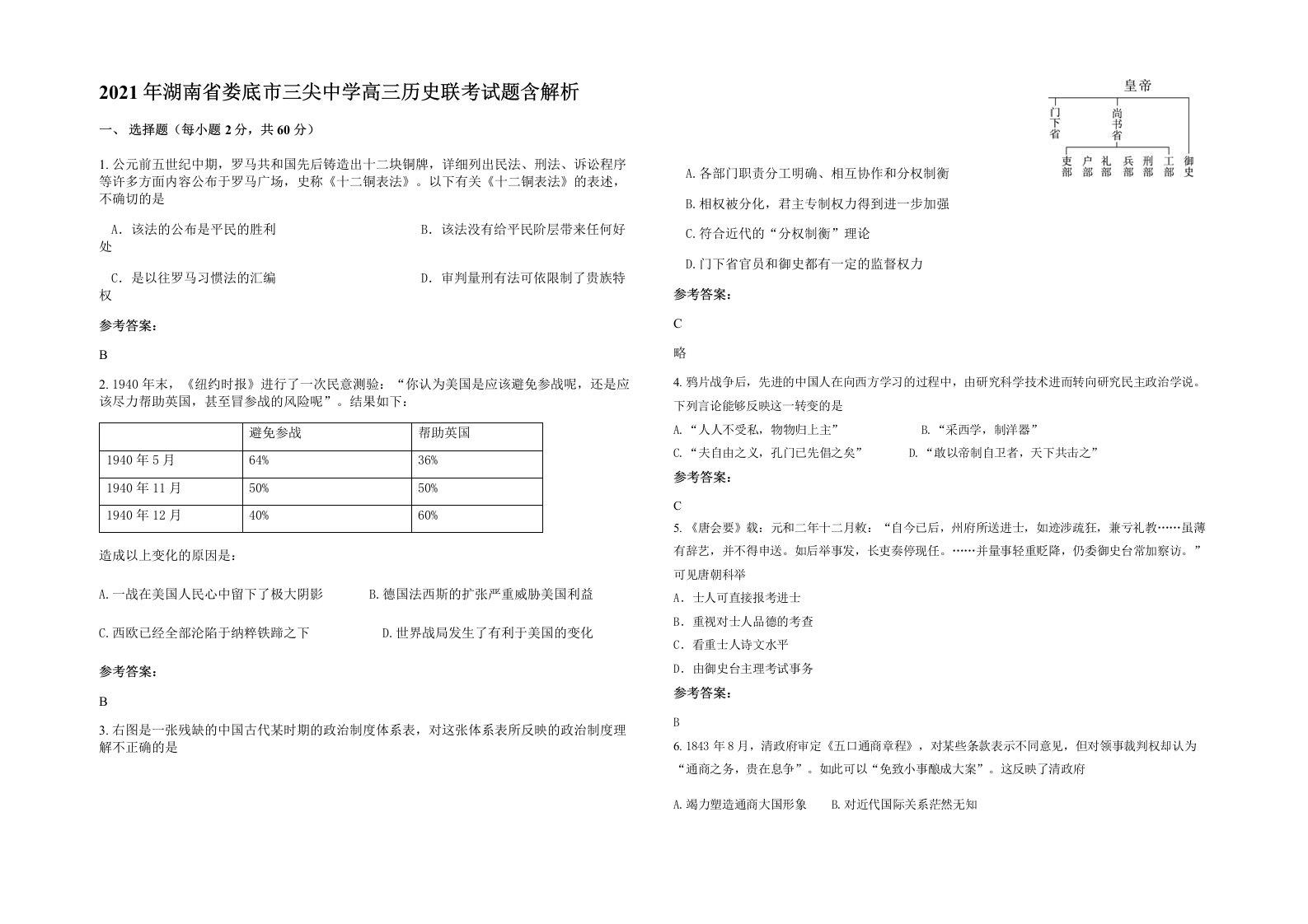 2021年湖南省娄底市三尖中学高三历史联考试题含解析