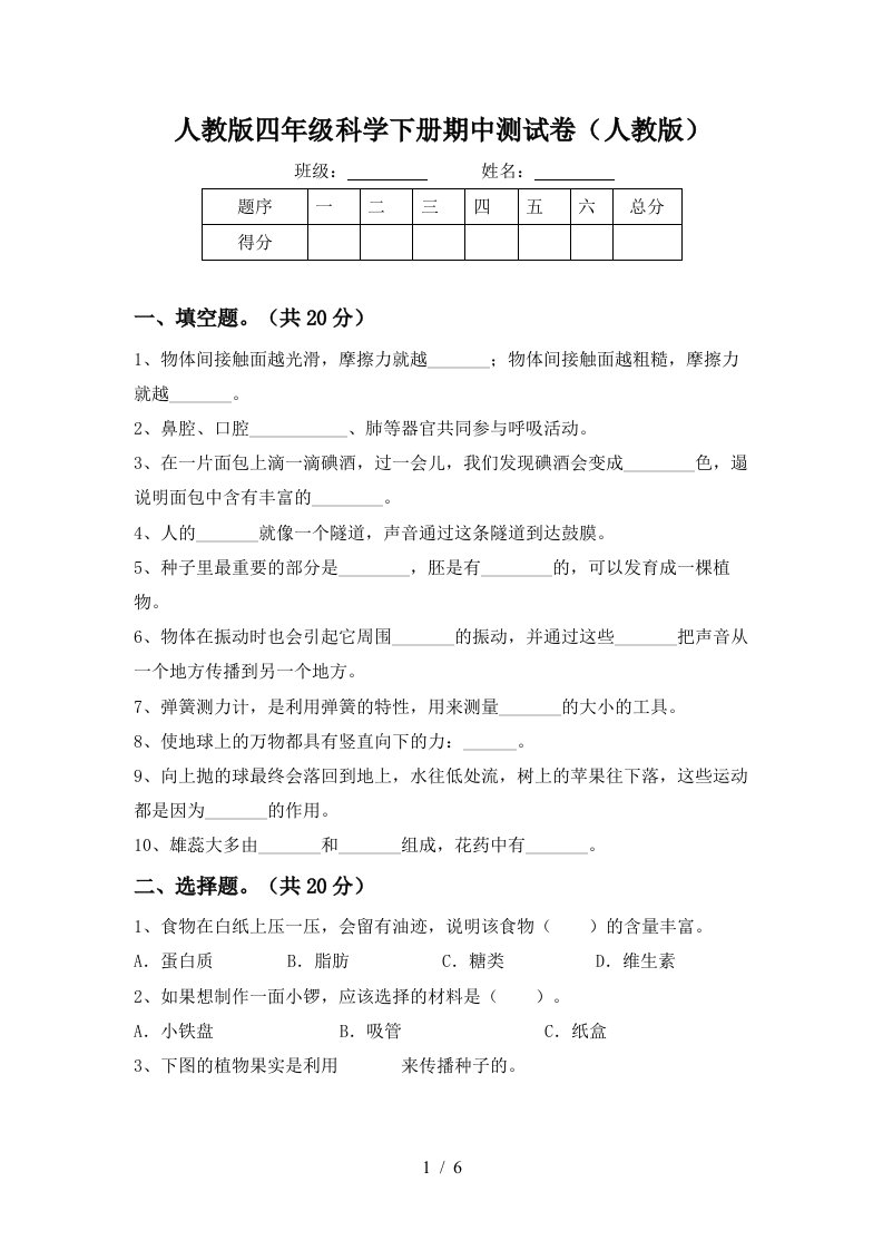 人教版四年级科学下册期中测试卷人教版