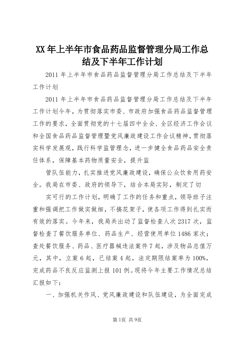 XX年上半年市食品药品监督管理分局工作总结及下半年工作计划