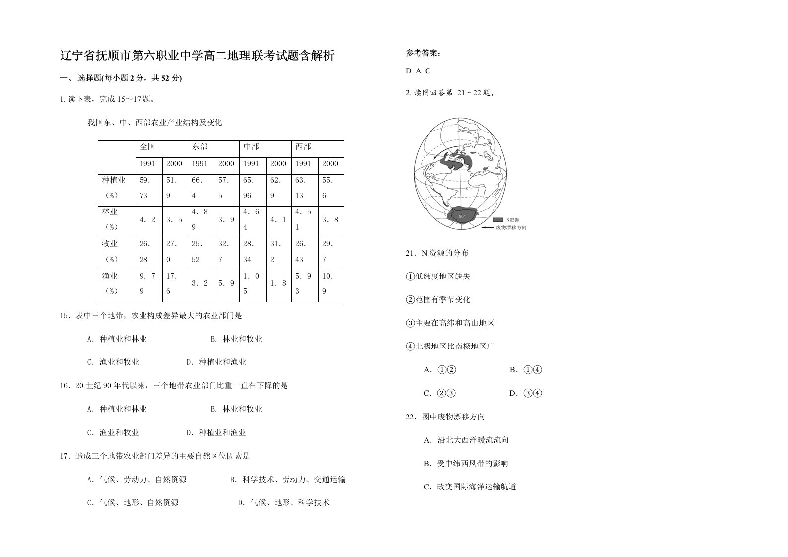 辽宁省抚顺市第六职业中学高二地理联考试题含解析