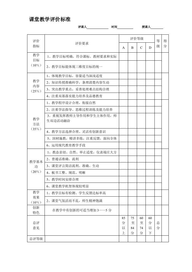 公开课课堂教学评价标准打分表