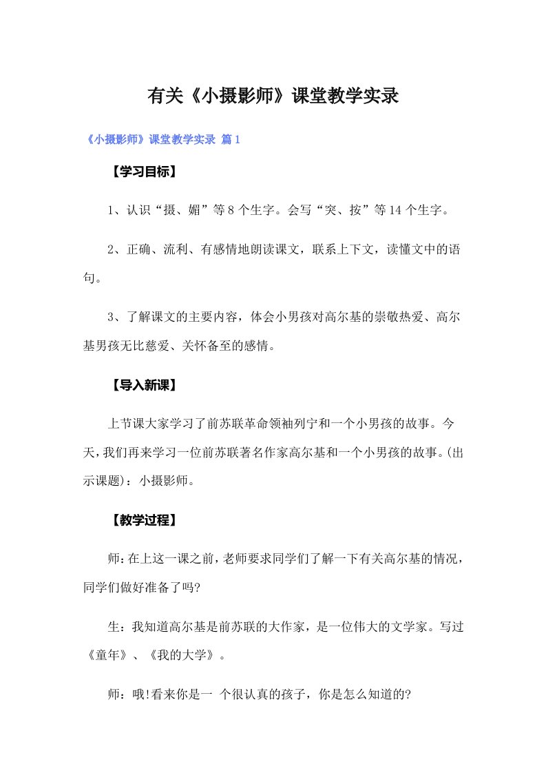 有关《小摄影师》课堂教学实录