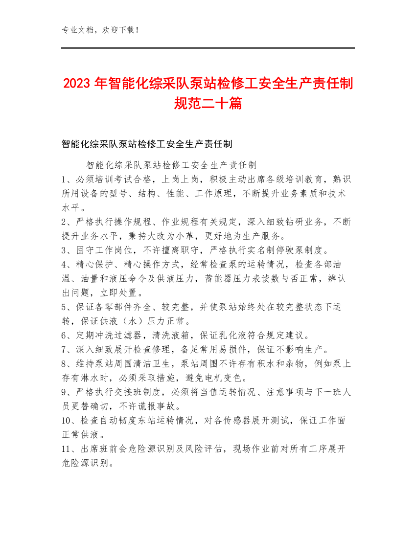 2023年智能化综采队泵站检修工安全生产责任制规范二十篇