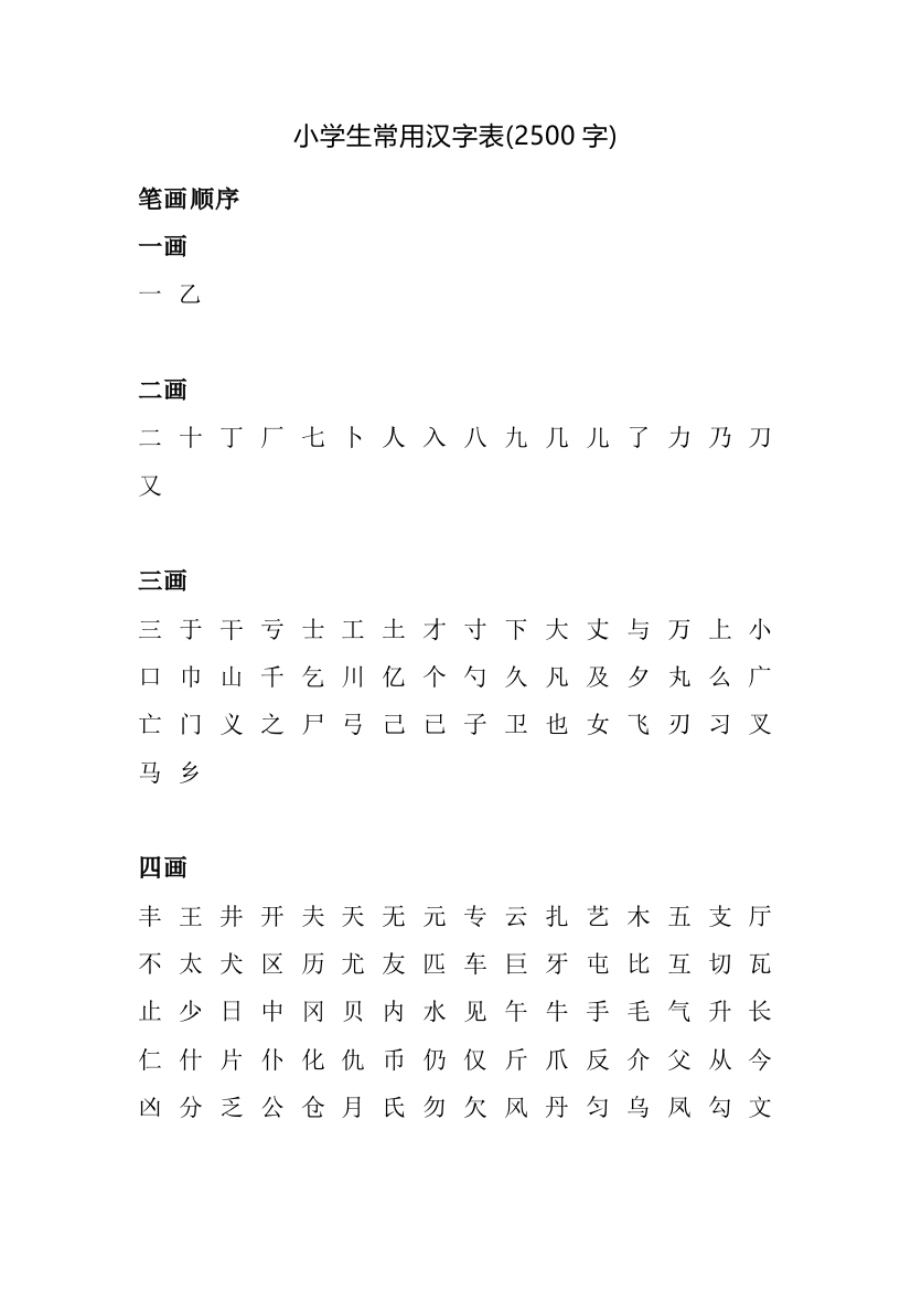 小学生常用汉字表2500字