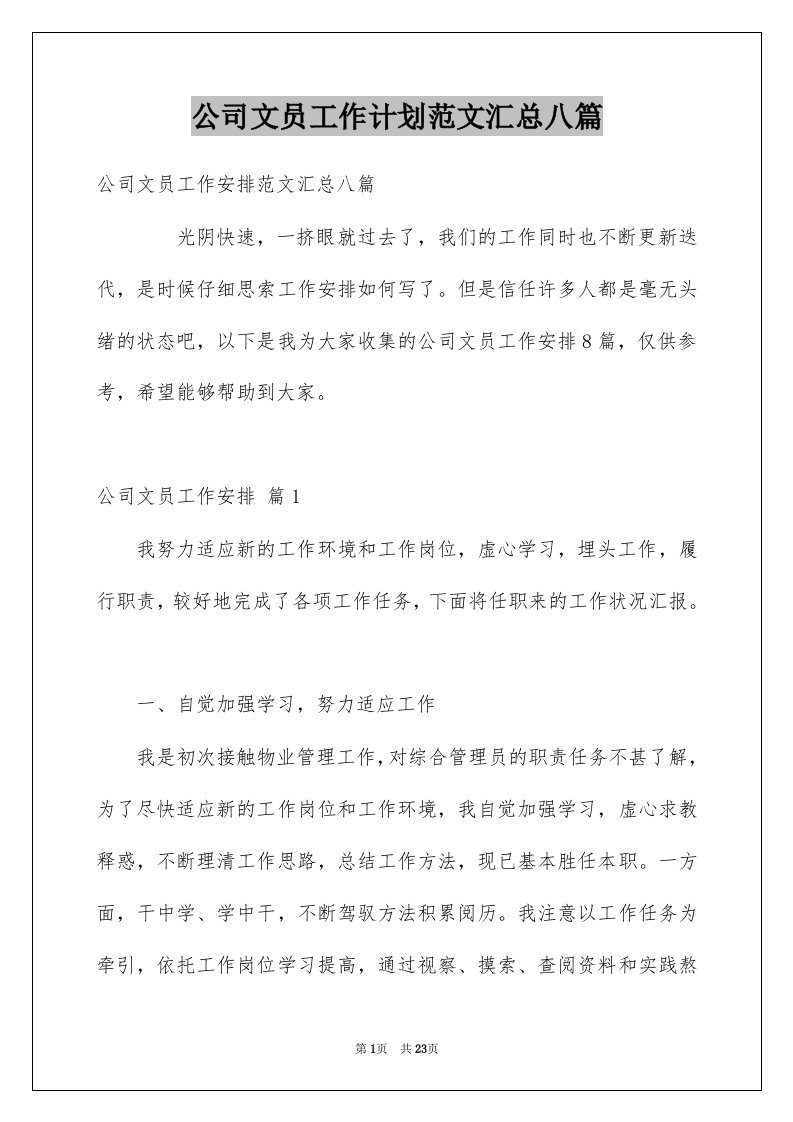 公司文员工作计划范文汇总八篇