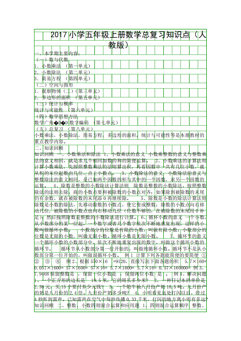 017小学五年级上册数学总复习知识点人教版101