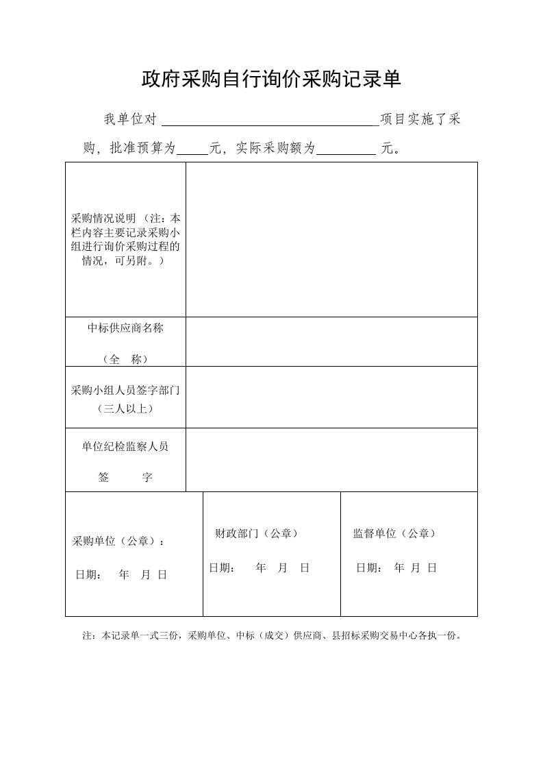 政府采购自行询价采购记录单