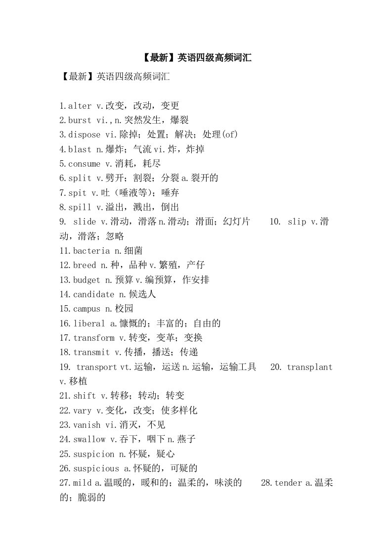 【最新】英语四级高频词汇