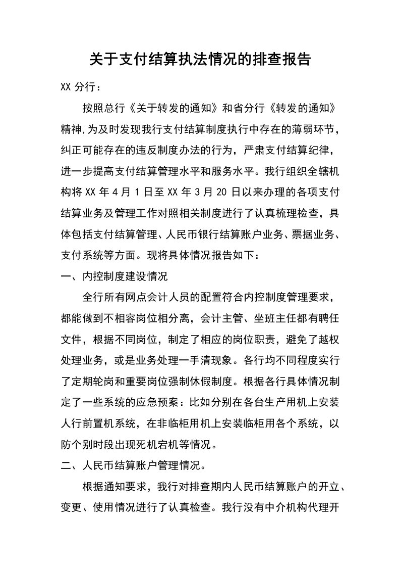 关于支付结算执法情况的排查报告