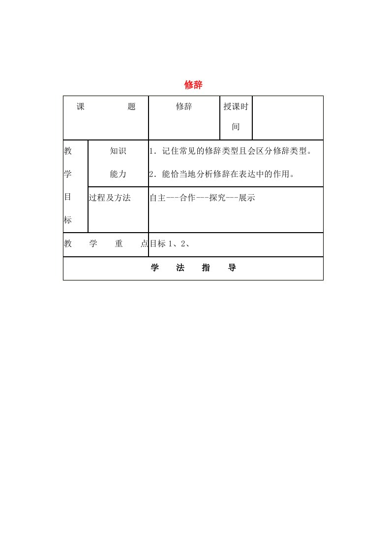 七年级语文上册《修辞》期末复习教案新人教版