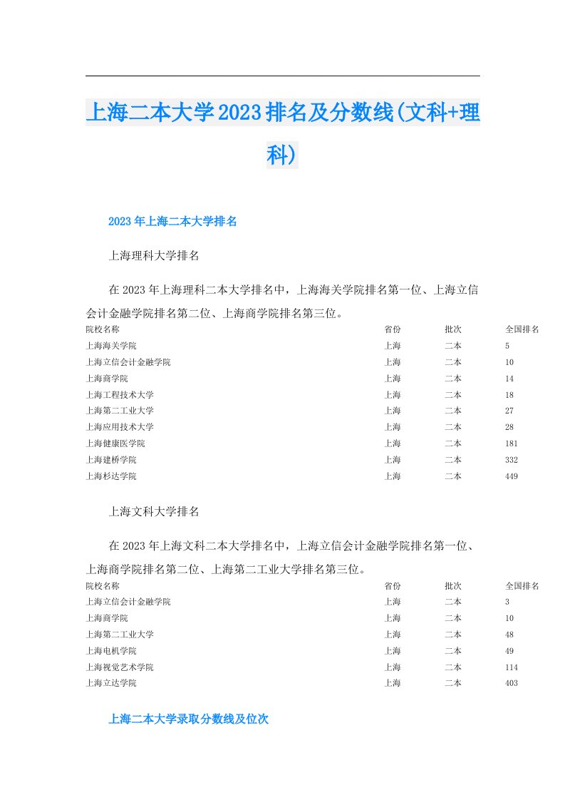 上海二本大学排名及分数线(文科