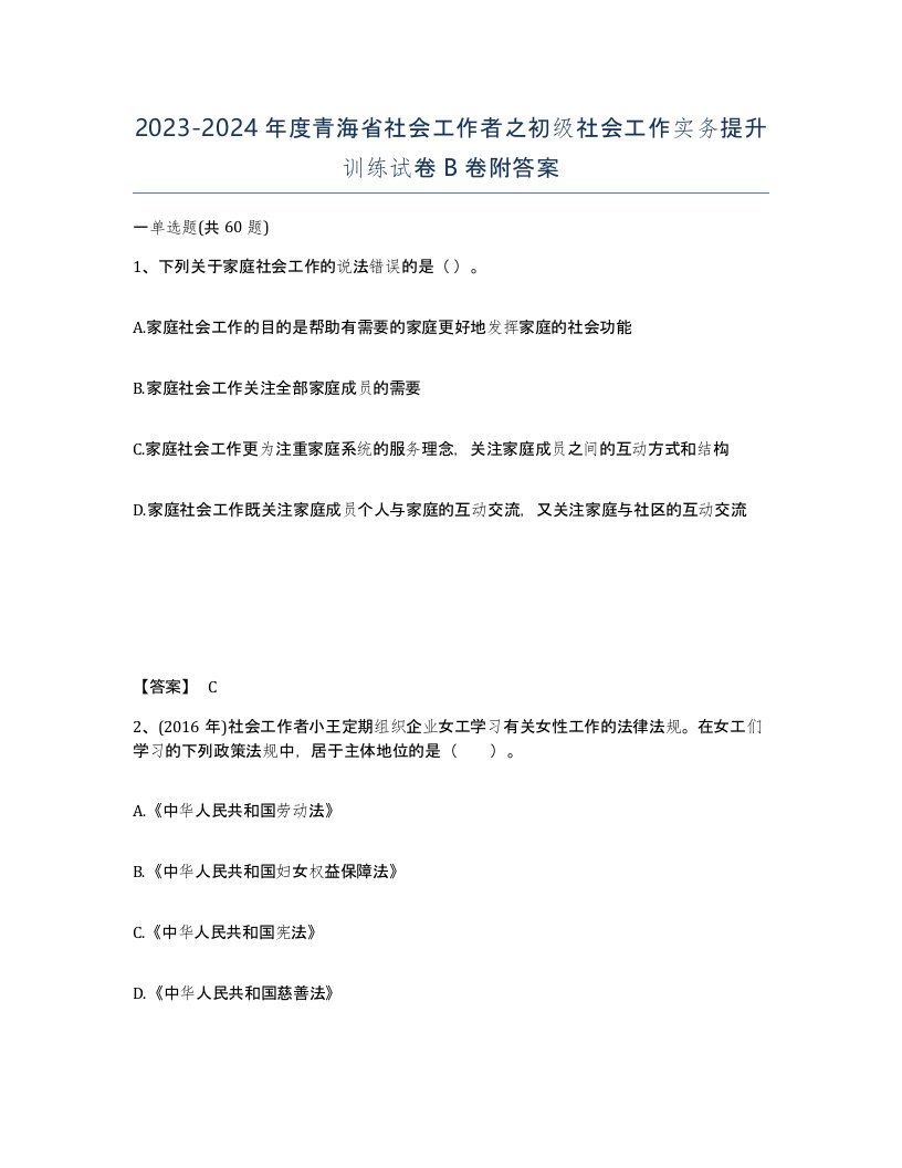 2023-2024年度青海省社会工作者之初级社会工作实务提升训练试卷B卷附答案