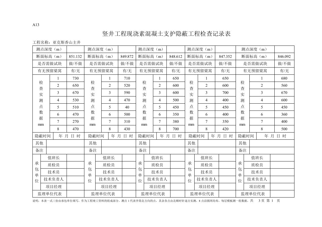 竖井工程现浇素混凝土支护隐蔽工程检查记录表