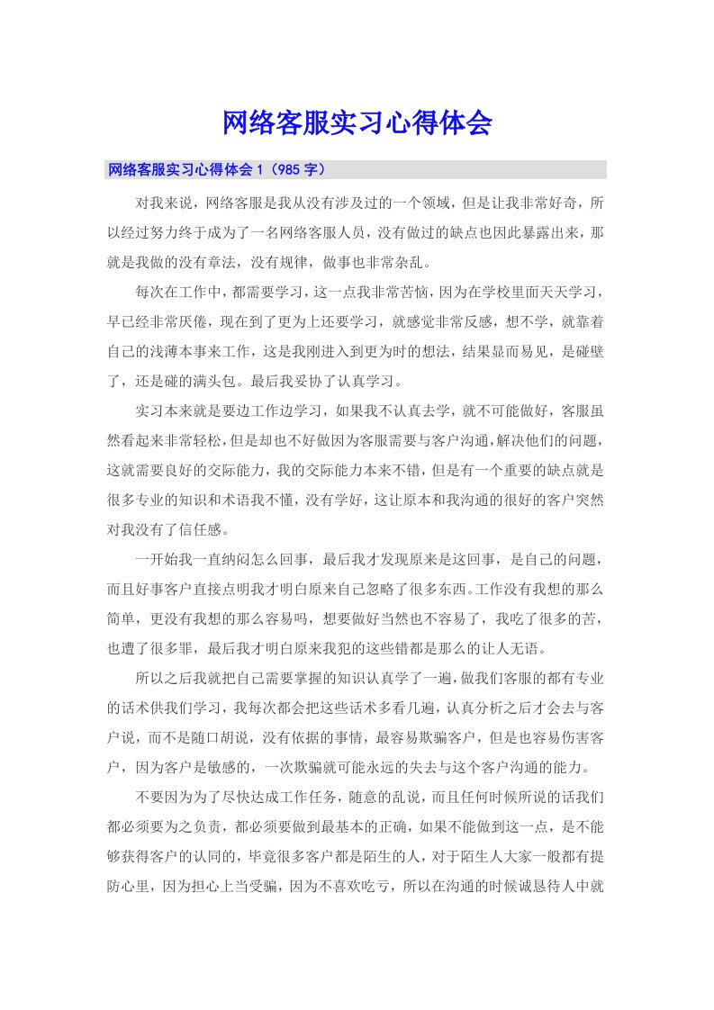 【精编】网络客服实习心得体会