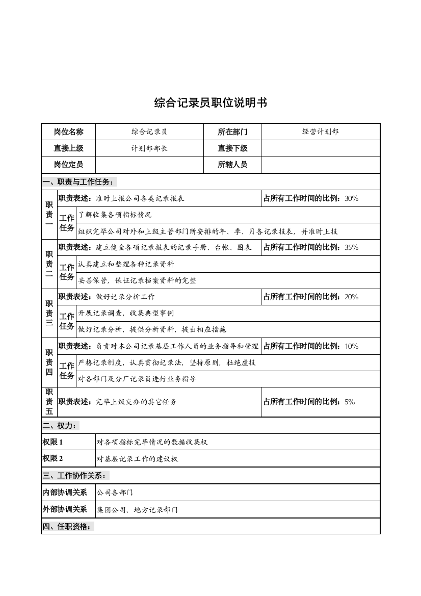 2023年华北光学仪器公司经营计划部综合统计员职位说明书